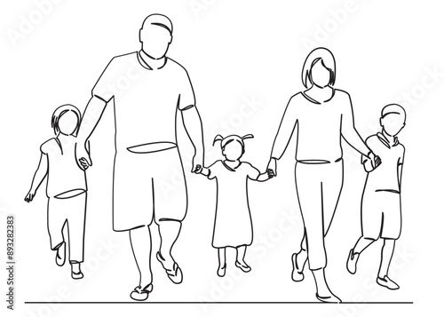 continuous single drawn one line family mum dad and two daughters and son big family hand-drawn picture silhouette. Line art. doodle
