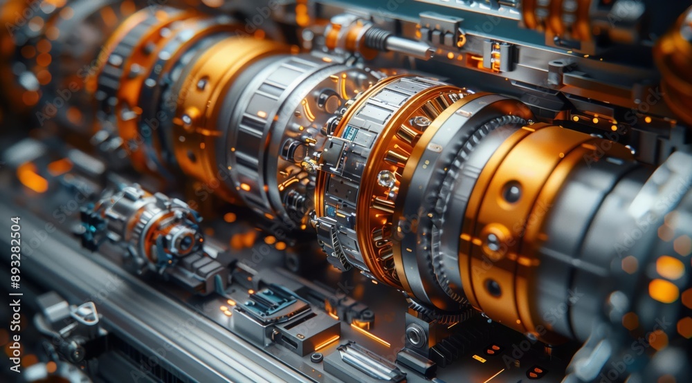 This image showcases a close-up of industrial machinery with a focus on intricate details and contrasting colors. The metallic gears, cogs, and cylinders create a visually captivating composition. T This image showcases a close-up of industrial machinery with a focus on intricate details and contrasting colors. The metallic gears, cogs, and cylinders create a visually captivating composition. T