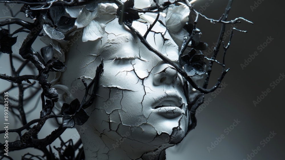 Close-up of a cracked wax plaster sculpture with growing black flower branches and glowing lights. Close-up of a cracked wax plaster sculpture with growing black flower branches and glowing lights.