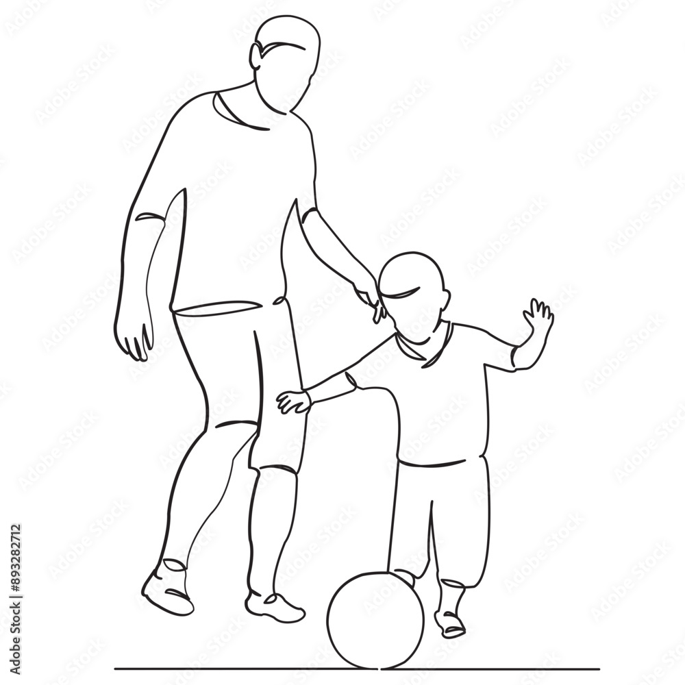 continuous single drawn one line family dad with son play football hand-drawn picture silhouette. Line art. doodle continuous single drawn one line family dad with son play football hand-drawn picture silhouette. Line art. doodle