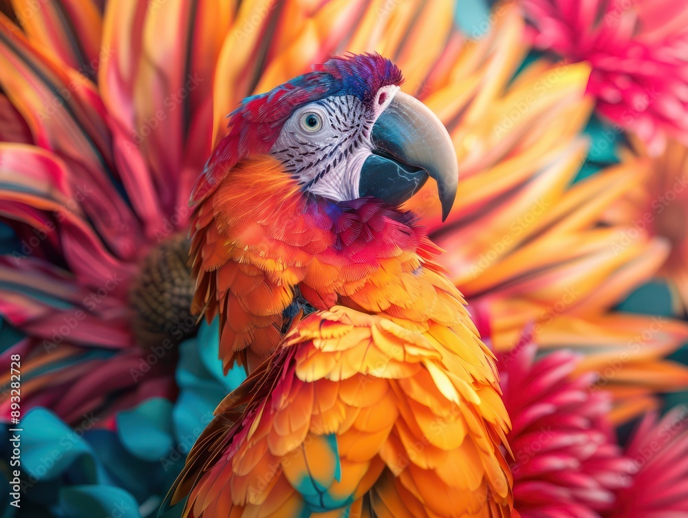 Obraz premium Vibrant Scarlet Macaw Parrot Perched Among Colorful Flowers, A Picture of Gorgeous Display Showcasing Beauty and Nature's Splendor