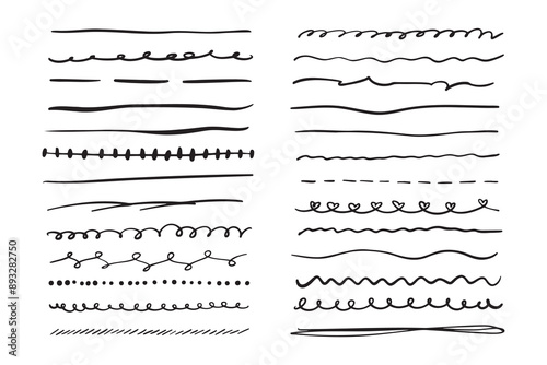Marker hand drawn line border set and scribble design elements. Hand drawn grunge brush strokes. Set wavy horizontal lines. Set of art brushes for pen. 
