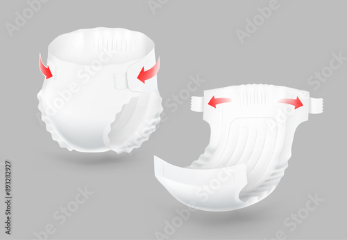 Detailed diaper mockup. Vector illustration isolated on grey background. Perfect for showing the diaper, its main parts and benefits. EPS10.	