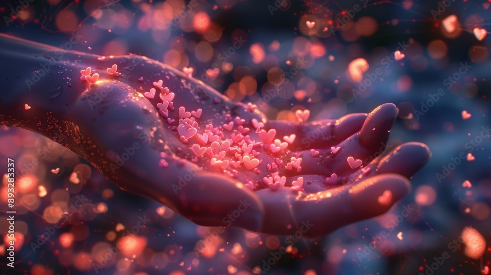 Hand Surrounded by Pink Glowing Hearts Hand Surrounded by Pink Glowing Hearts