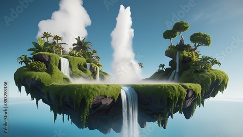 Floating Island with Waterfall and Lush Vegetation. photo