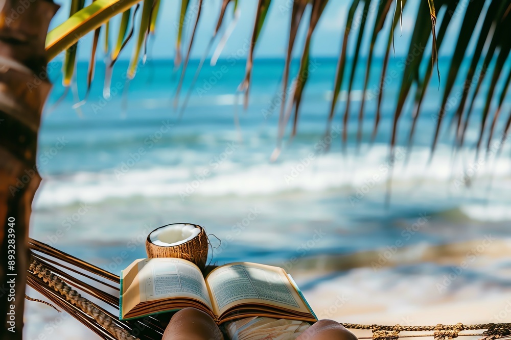 Relaxing in a hammock on a tropical beach with an open book and a coconut. Relaxing in a hammock on a tropical beach with an open book and a coconut.