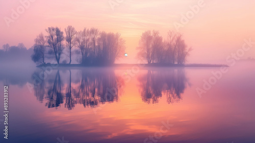 A picturesque view at sunrise or sunset over a foggy lake, where the reflections of the trees on the water merge with the pink and orange sky.
