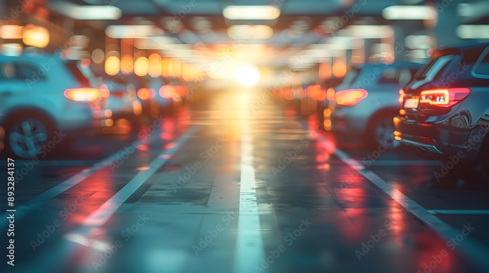 Blurry Parking Lot at Airport with Long-Term Parked Vehicles and Illuminated Background Blurry Parking Lot at Airport with Long-Term Parked Vehicles and Illuminated Background