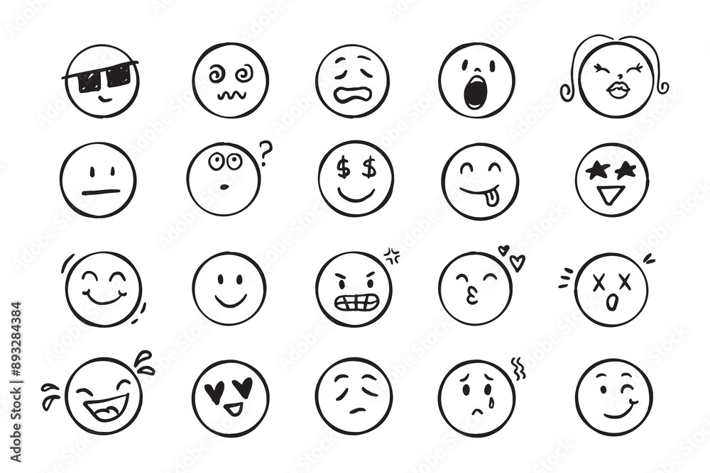 Emoji face icon doodle set. Faces with different emotion mood. Hand drawn comic sketch style. Emoji face icon doodle set. Faces with different emotion mood. Hand drawn comic sketch style.