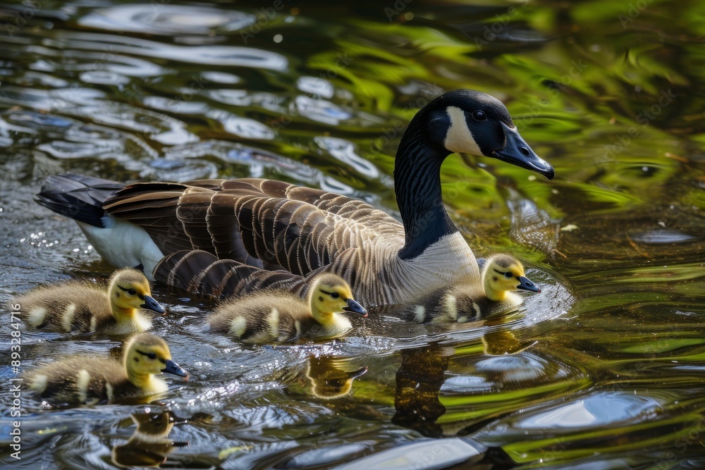 Obraz premium pair of Canada geese swimming with goslings