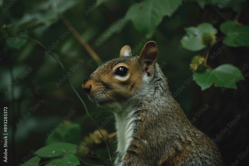 Profile of grey Squirrel against backdrop of out of focus dark green foliage. Profile of grey Squirrel against backdrop of out of focus dark green foliage.