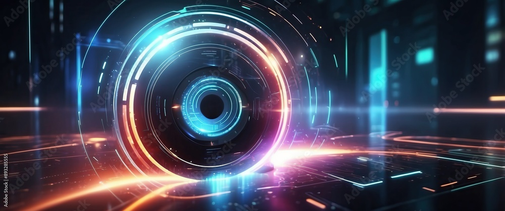 Obraz premium A futuristic digital scene with glowing circles and vibrant colors, perfect for tech concepts, innovation, and modern design inspirations
