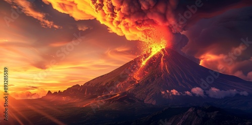 A volcanic eruption at sunset presents a dramatic contrast between fiery volcanic activity and the soft, warm hues of the setting sun.