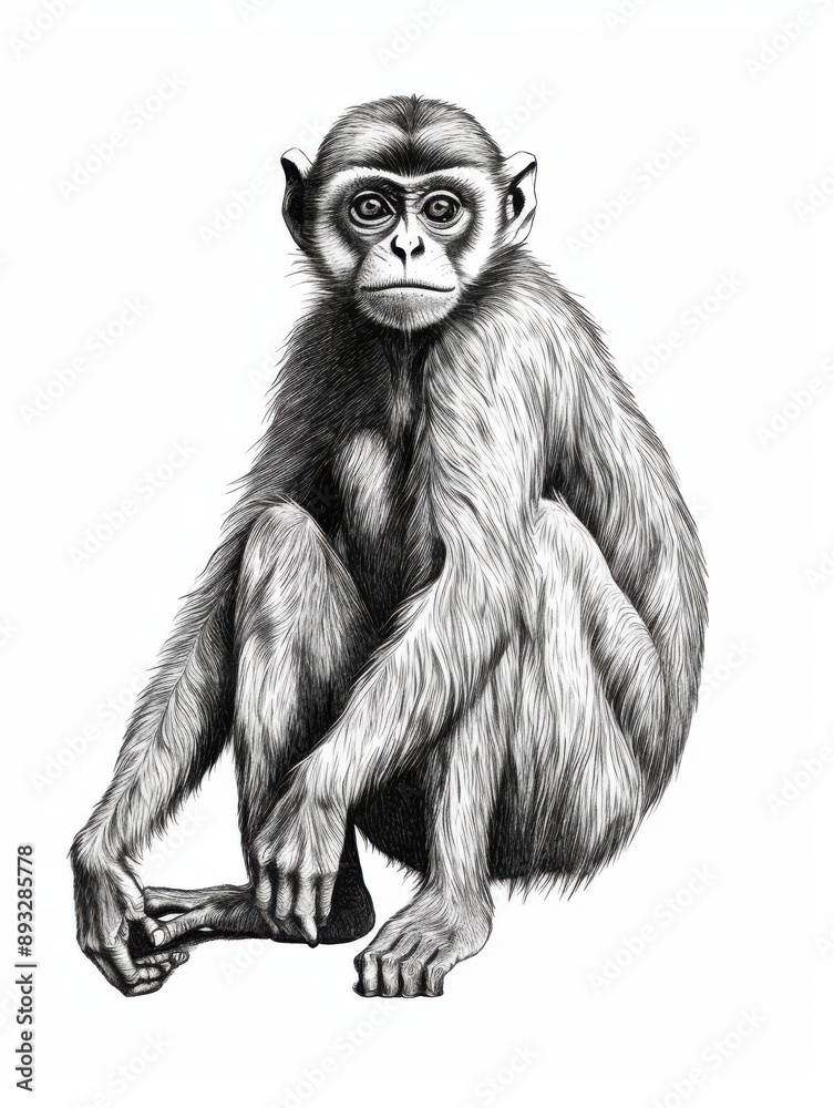 Fototapeta premium Black and white Vintage engraved art of a spider monkey isolated on white background, ink sketch illustration, simple vector art design, highly detailed line art, high contrasty 
