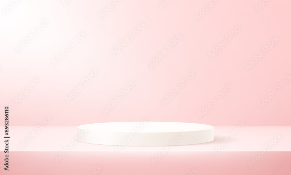Pink studio room background. Pink background vector 3d with white podium. Empty room with light effect. Space for selling products on the website. Round stage for showcase.Vector illustration.