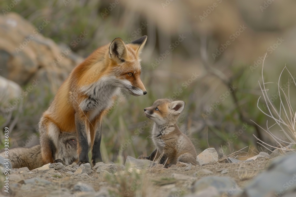 Red Fox greets six week old pup at den site (Vulpes vulpes) Red Fox greets six week old pup at den site (Vulpes vulpes)