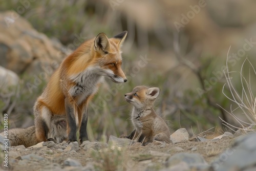Red Fox greets six week old pup at den site (Vulpes vulpes)