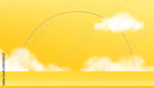 Yellow Background with Cloud,3d Studio Room Podium for Summer Product Present,Autumn Backdrop Yellow Gradient with Empty Floor Stand Mockup,Vector Minimal Scene for Web Banner