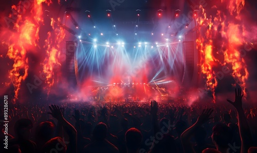 main stage on a rock festival with flames, laser and pyrotechnic, cheering people in the audience, Hyper realistic, high details