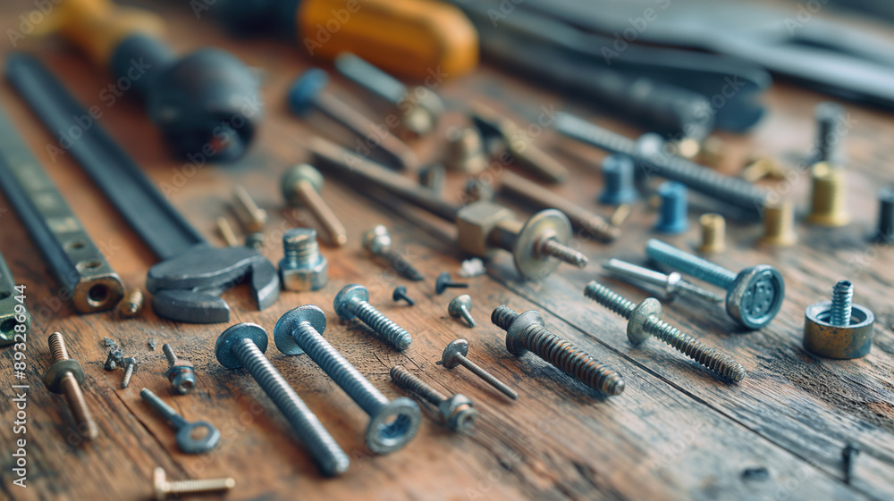 Assorted Tools and Fasteners on Wooden Surface Assorted Tools and Fasteners on Wooden Surface
