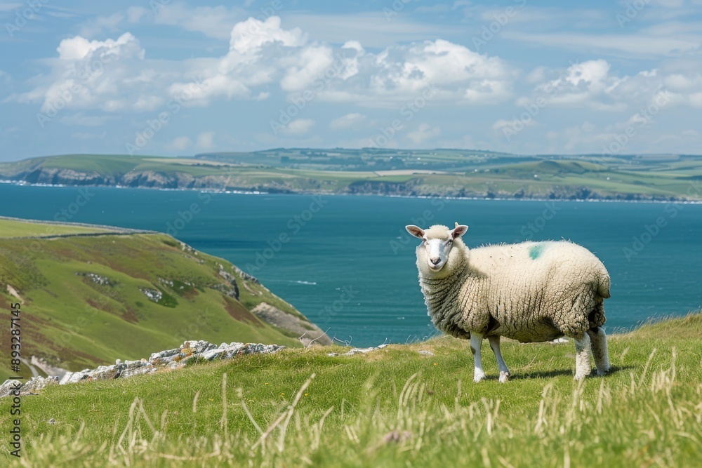 sheep grazing in scenic countryside in Pembrokeshire Wales showing the sea and coastline in the background. sheep grazing in scenic countryside in Pembrokeshire Wales showing the sea and coastline in the background.