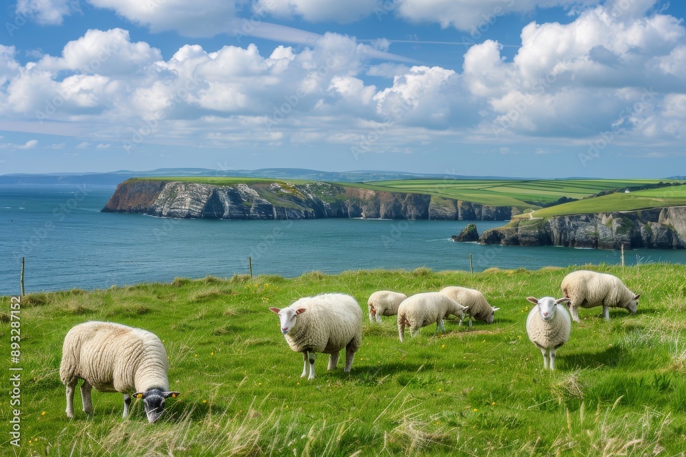 sheep grazing in scenic countryside in Pembrokeshire Wales showing the sea and coastline in the background. sheep grazing in scenic countryside in Pembrokeshire Wales showing the sea and coastline in the background.
