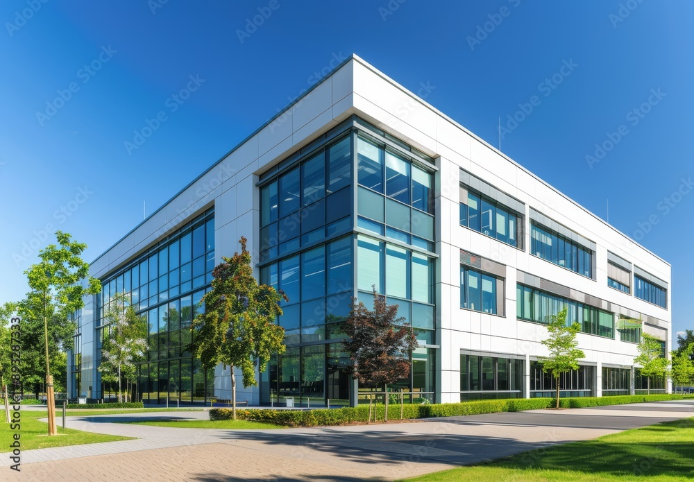 A modern university campus featuring a contemporary building with large windows, surrounded by green trees and set against a clear blue sky A modern university campus featuring a contemporary building with large windows, surrounded by green trees and set against a clear blue sky