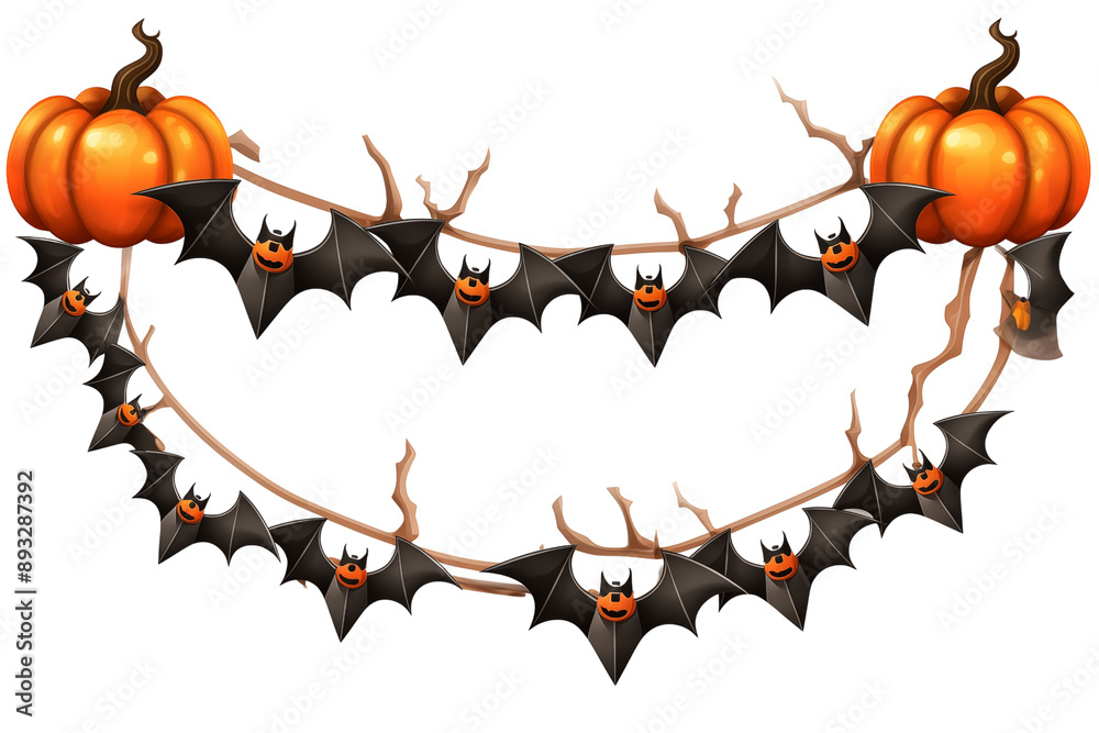 PNG cutout of halloween garland decor with bats and orange pumpkins on transparent background PNG cutout of halloween garland decor with bats and orange pumpkins on transparent background