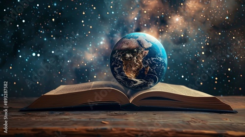 Conceptual Earth Open Book Glowing Starry Sky