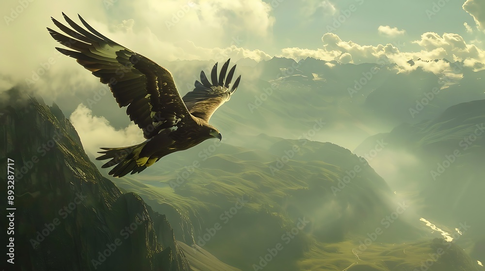 Obraz premium Eagle Flying High with Mountain Peak Background for Wildlife Freedom Panorama Landscape Concept.