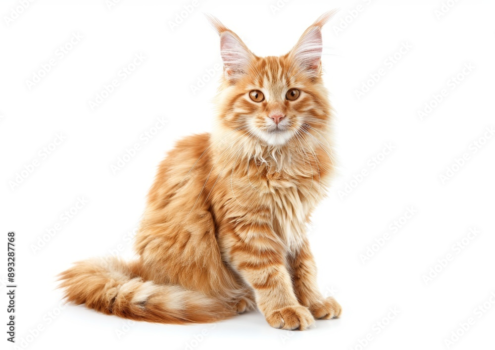 Cute Smiling Maine Coon cat Sitting on a White Background, Realistic HD Photography Cute Smiling Maine Coon cat Sitting on a White Background, Realistic HD Photography