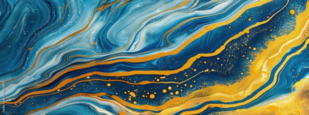 Obraz premium Blue and white liquid marble with gold veins flowing background