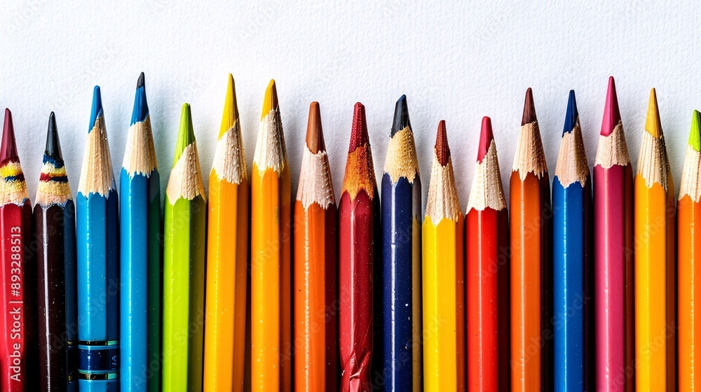 Fototapeta premium High-detail drawing of colorful pens, pencils, and highlighters laid out in a flat lay style centered with significant empty space on the right Stock Photo with copy space