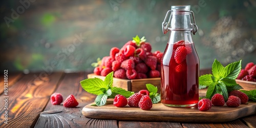 Homemade raspberry vinegar and fresh raspberries Creative AI photo