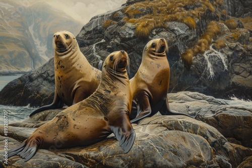 Steller sea lions (Eumetopias jubatus) on rocks photo