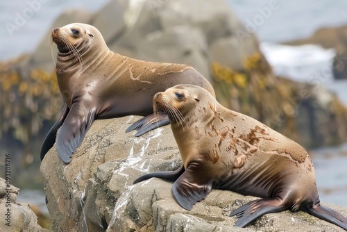 Steller sea lions (Eumetopias jubatus) on rocks photo