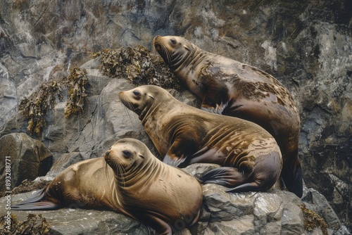 Steller sea lions (Eumetopias jubatus) on rocks photo