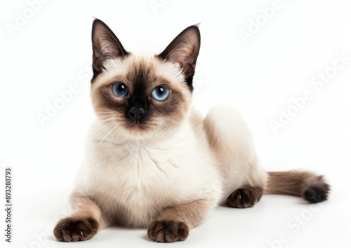 Cute Smiling Siamese Cat Sitting on a White Background, Realistic HD Photography
