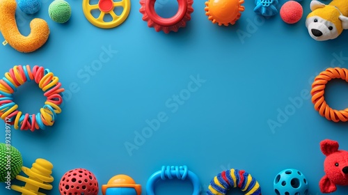 Detailed depiction of a variety of pet toys including balls, chew toys, and squeaky toys arranged in a flat lay style centered with significant empty space on the right Stock Photo with copy space