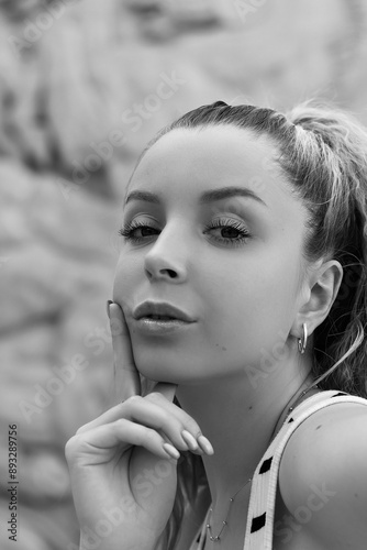 Beautiful girl in Paris. Black and white photo.