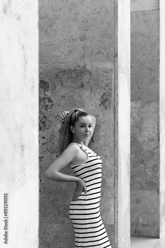 Beautiful girl in Paris. Black and white photo.