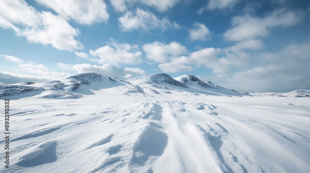 Snow in the mountain, blue sky with white clouds, powder snow Snow in the mountain, blue sky with white clouds, powder snow