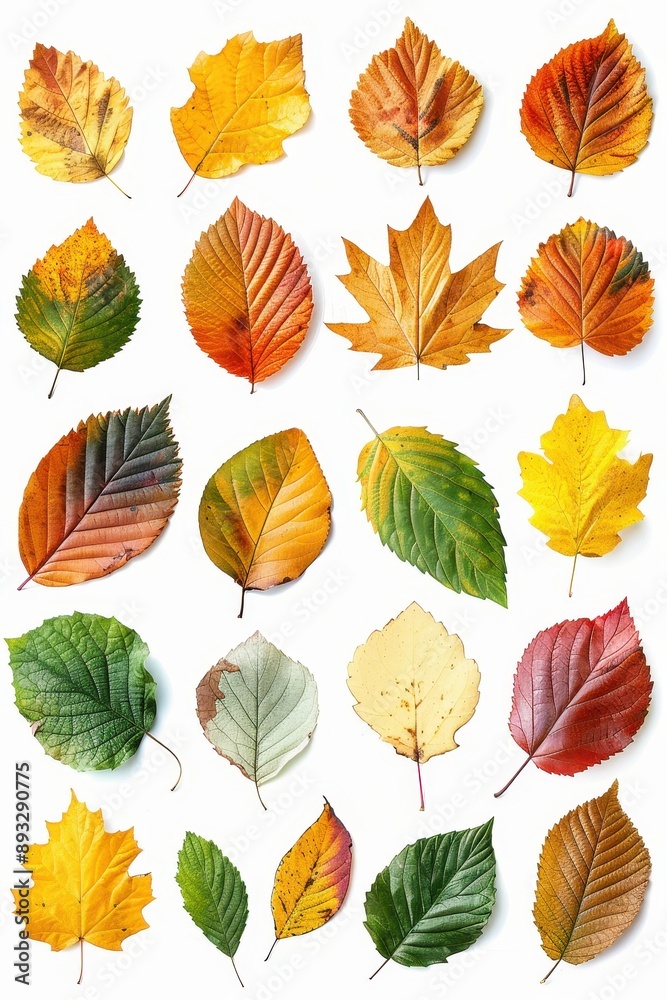 Fototapeta premium Pile of autumn colored leaves isolated on white background.A heap of different maple dry leaf,colorful autumn maple leaf in the fall season,autumn leaves are falling flying,Selective focus.