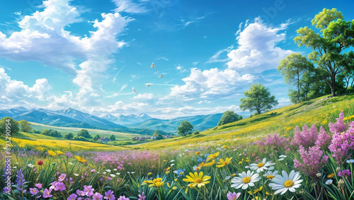 Vibrant Spring Meadow with Blooming Wildflowers