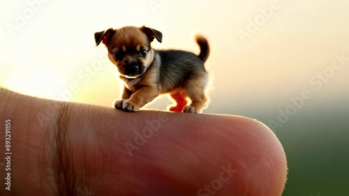 Curious puppy discovers human finger in golden sunset