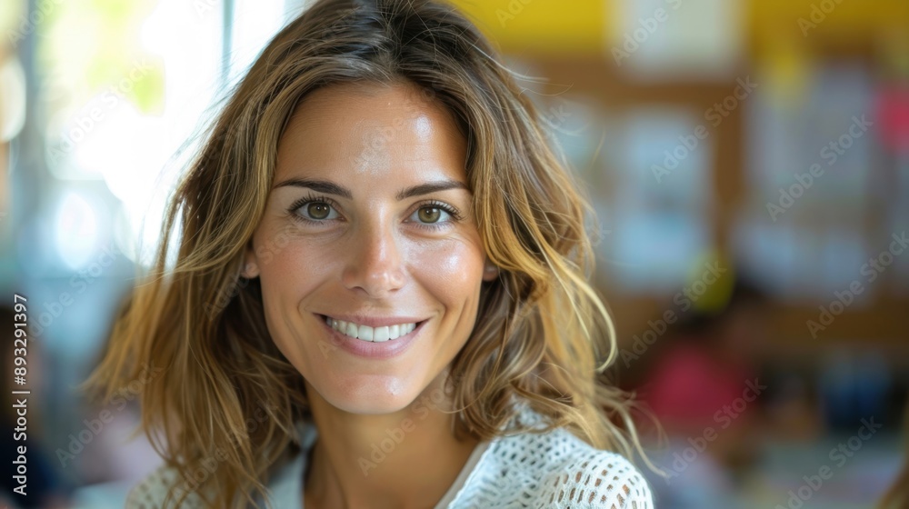 A cheerful woman with wavy hair smiles brightly in a well-lit classroom, exuding warmth and friendliness. A cheerful woman with wavy hair smiles brightly in a well-lit classroom, exuding warmth and friendliness.