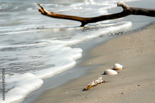 Driftwood and seashells on a sandy beach with gentle waves. photo