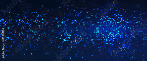 Dark background with blue pixel pattern. Vector illustration of abstract bg with geometric square elements grid. digital backdrop with dissolve rectangle dot particle mosaic gradient texture.