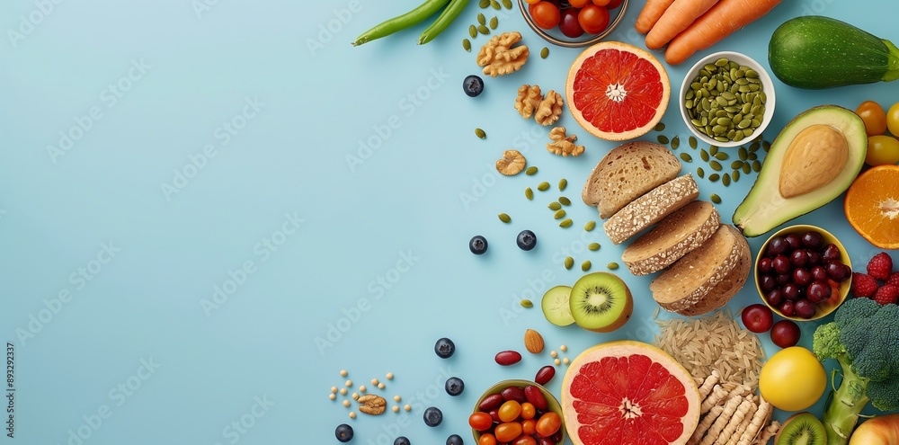 High-fiber foods including whole grains, fruits and vegetables, rich in corn, rope, breads, pastas, avocados, blueberries, dried beans, nuts, chia seeds and broccoli High-fiber foods including whole grains, fruits and vegetables, rich in corn, rope, breads, pastas, avocados, blueberries, dried beans, nuts, chia seeds and broccoli