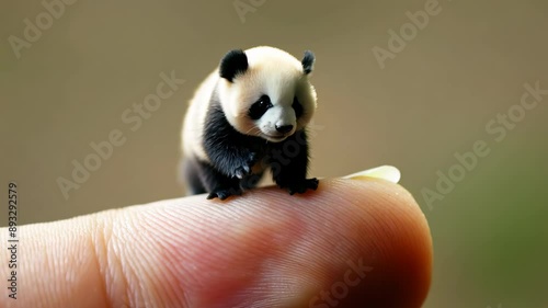 Cute panda cub strolling on a human finger up close